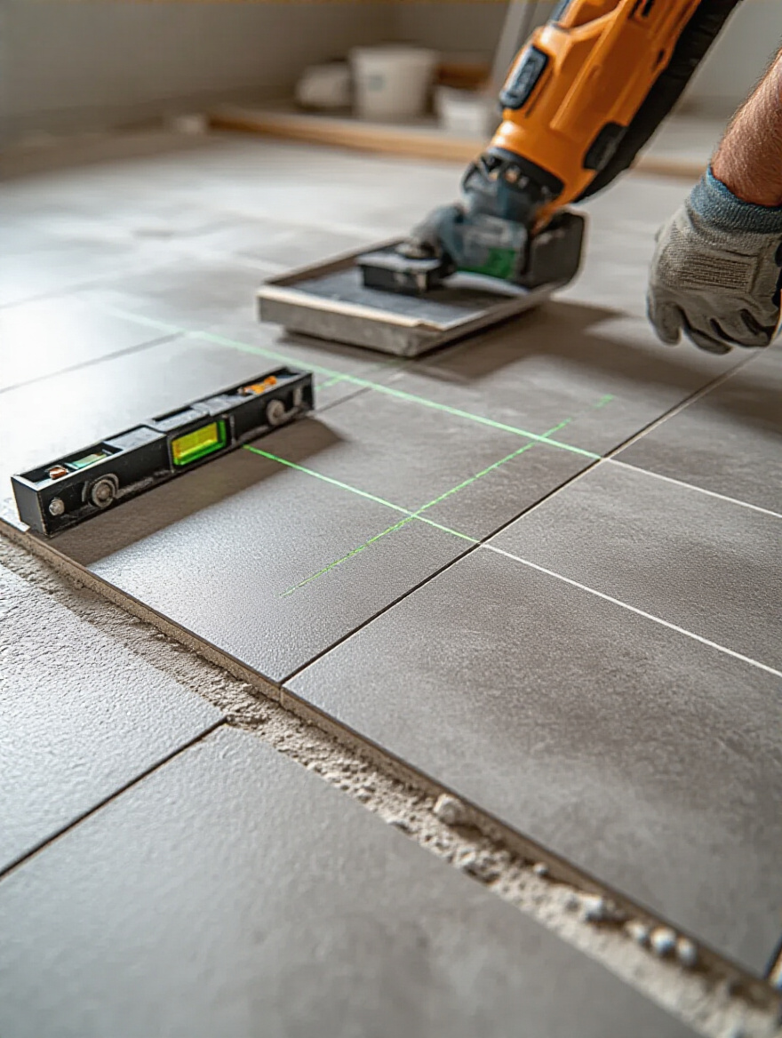 Close-up of a kitchen floor during tile installation, showing a laser level projecting a precise grid and tile leveling clips in use, emphasizing accuracy and error prevention.