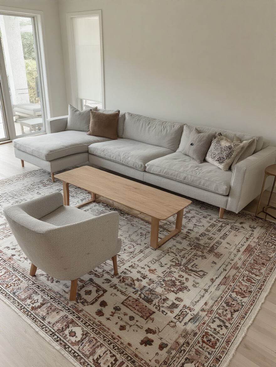 A modern living room showcasing a 'floating' furniture layout with a beige sofa, two armchairs, and a coffee table centered on an area rug, positioned away from the walls, creating an intimate conversation area. Soft natural light, no people.