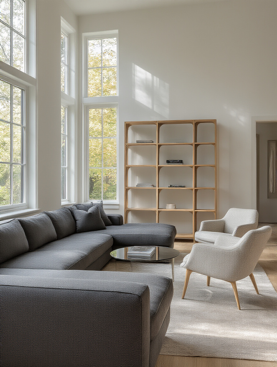 A modern living room designed with perfectly balanced furniture, showing a heavy sectional sofa counterbalanced by lighter accent chairs and an open etagere, demonstrating effective living room furniture layout and scale.