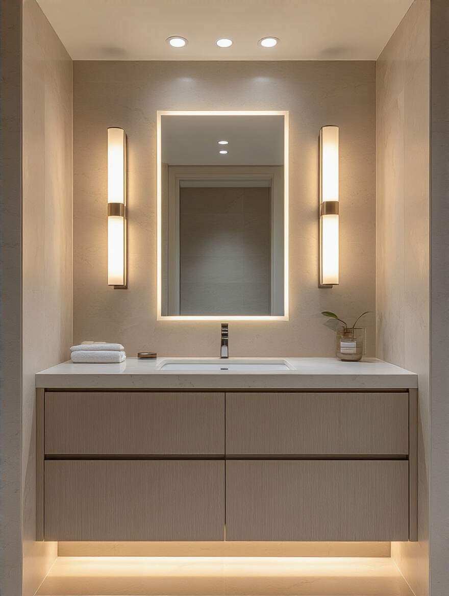 Modern bathroom with balanced layered lighting, featuring two vertical vanity sconces flanking a mirror and subtle recessed overhead ambient lights, creating a bright and shadow-free environment.