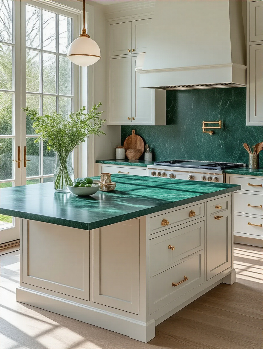 Modern kitchen with vivid emerald green quartz countertops on a large island and perimeter, paired with matte white shaker cabinets and polished brass hardware, showcasing bold color choice for a striking statement.