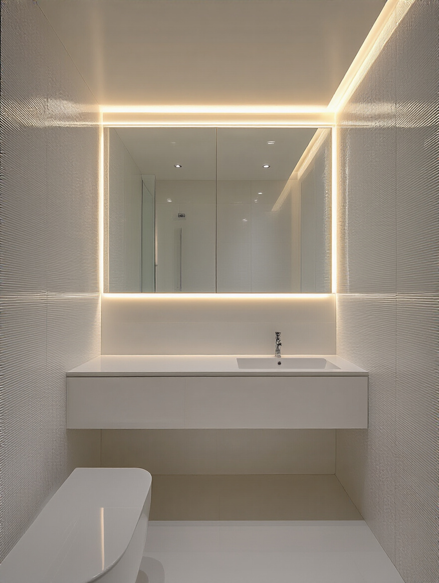 A bright, modern small bathroom featuring polished white porcelain tiles that reflect natural and LED light, creating an illusion of larger space, with a minimalist floating vanity and unframed mirror.