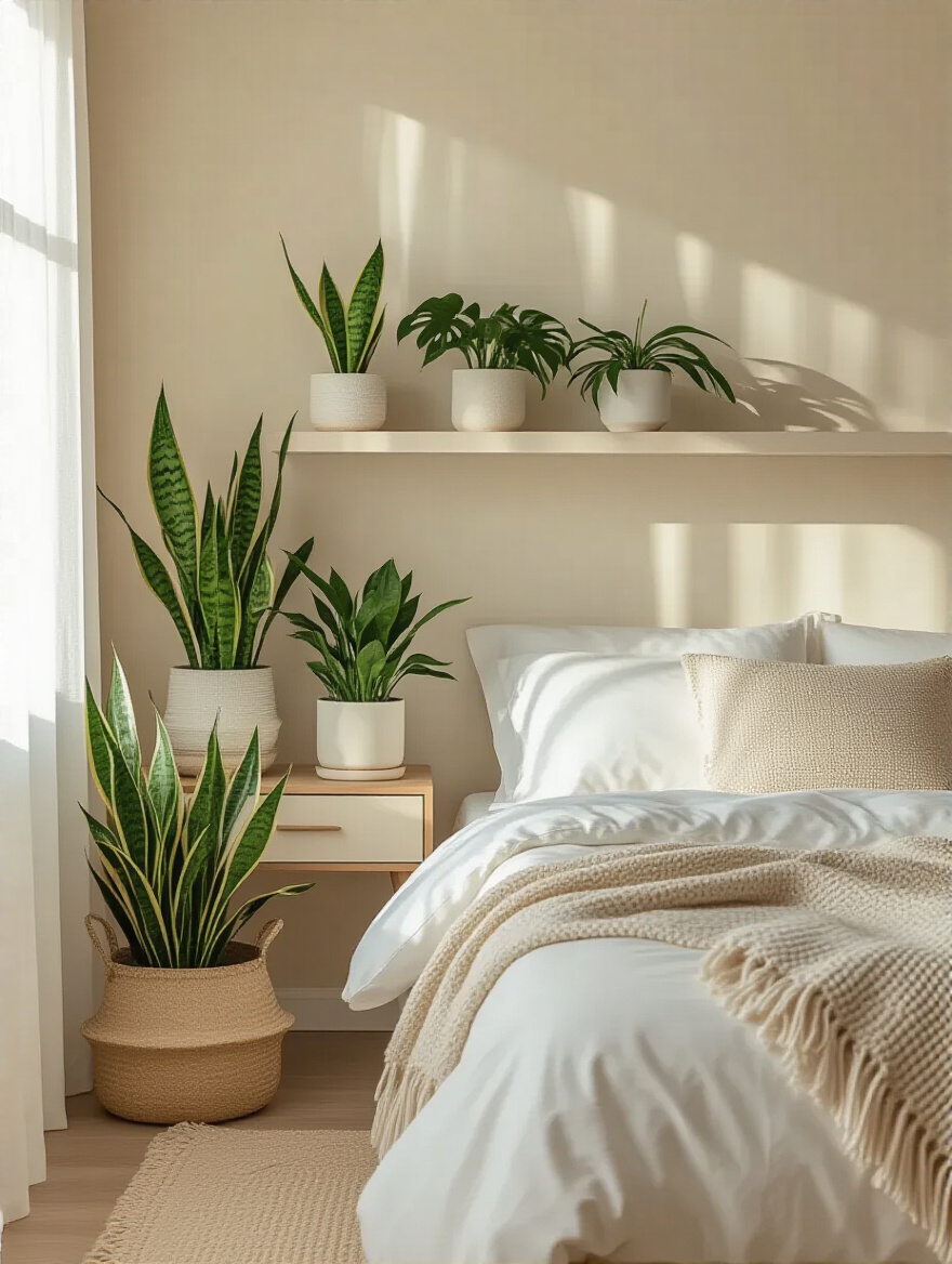 Cozy bedroom with easy-care indoor plants on bedside table and shelves