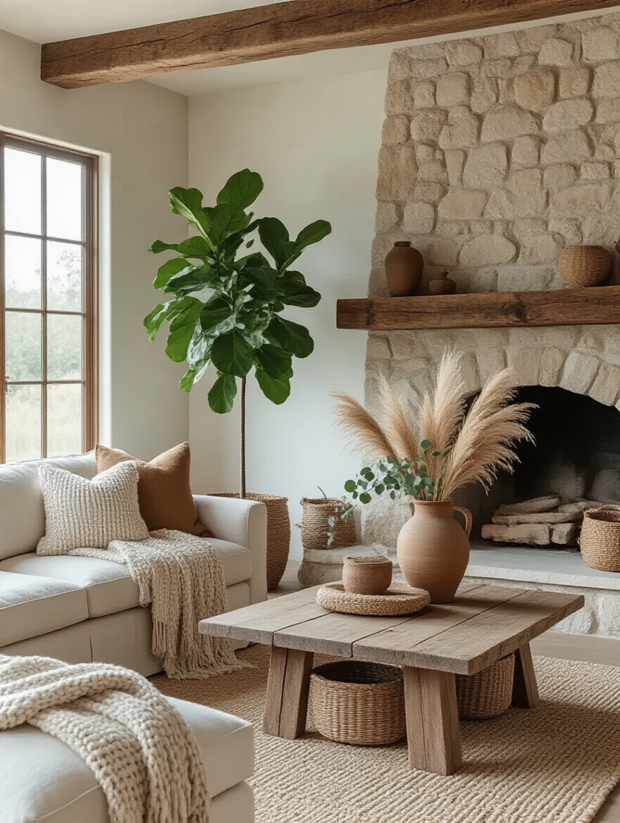 Rustic living room with greenery: potted plants and dried arrangements