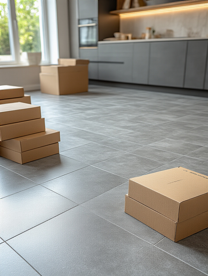 Meticulously organized modern kitchen floor tiling project in progress with stacked tile boxes and clean subfloor, symbolizing smart budget planning and avoiding renovation surprises.