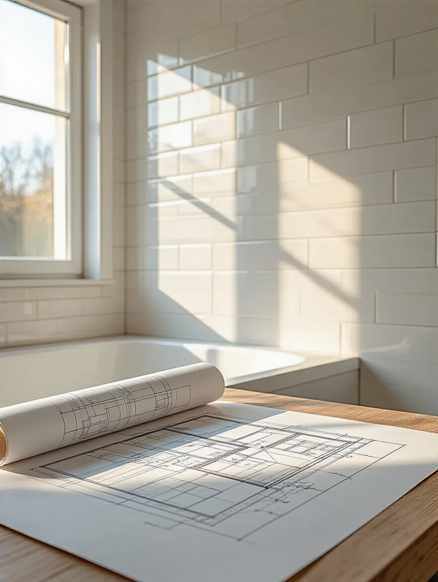 A detailed blueprint showing a bathroom tile layout on a workbench next to perfectly laid white tiles, representing accurate material calculation and planning to prevent waste in bathroom renovation.