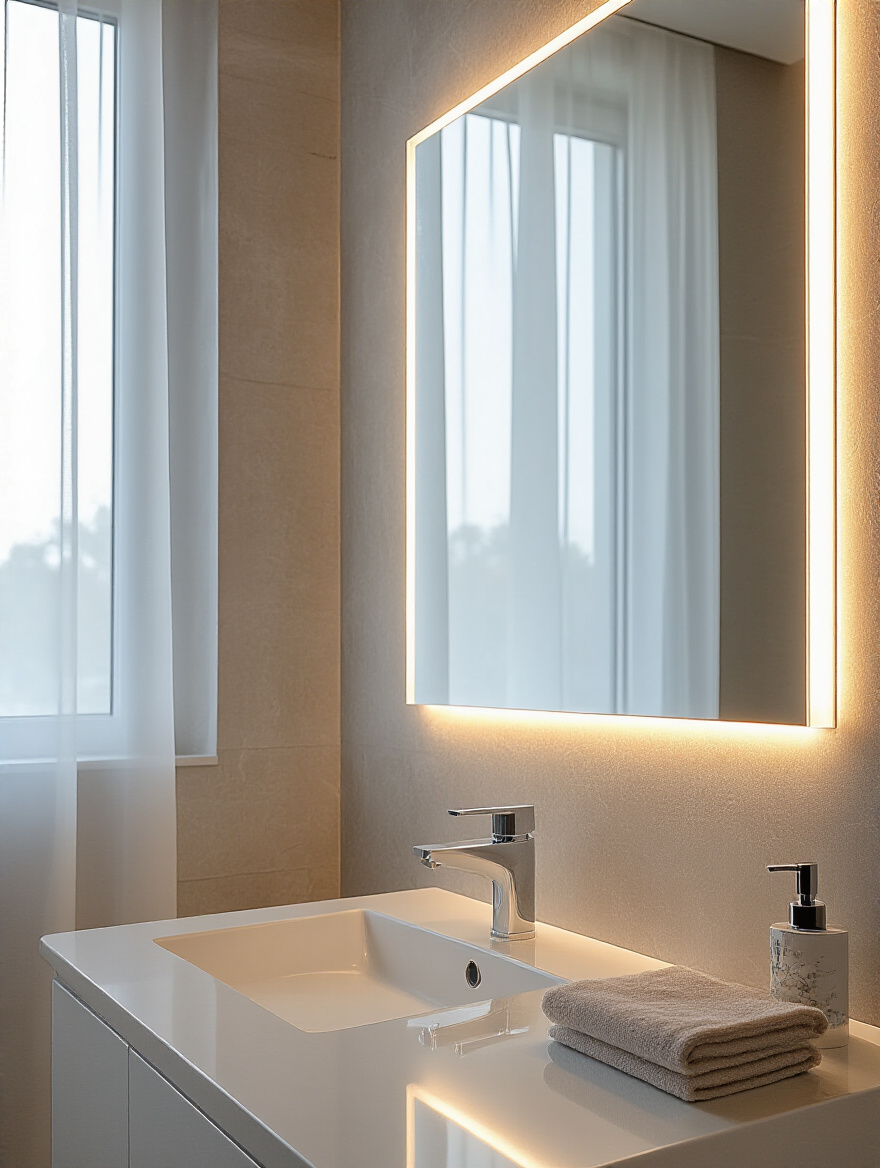 Bathroom vanity mirror perfectly illuminated with bright, shadow-free lighting, representing optimal required lumens.