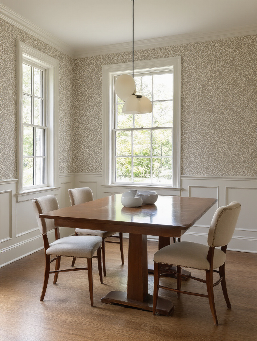 Portrait view of a dining room with neutral wallpaper and warm lighting