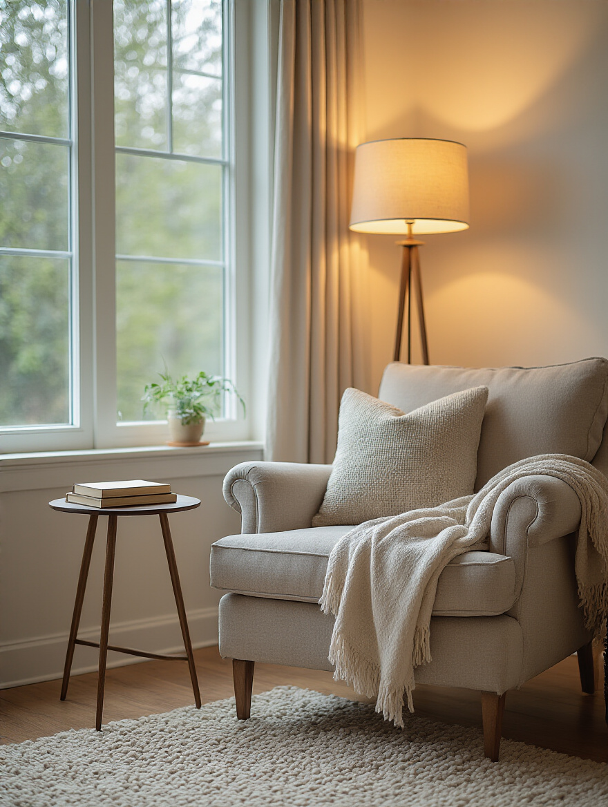 Cozy bedroom reading nook with armchair, throw, and warm lighting