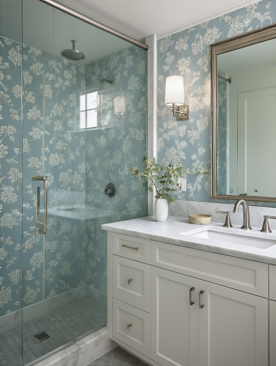 Portrait of a modern bathroom with calming blue-gray wallpaper and cohesive fixtures.