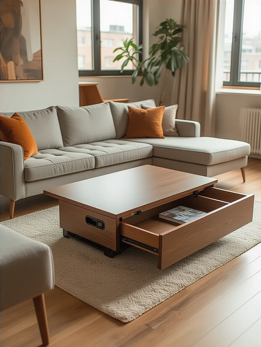 Modern transforming coffee table extended to a dining surface in a small apartment living room, showcasing smart multifunctional furniture.
