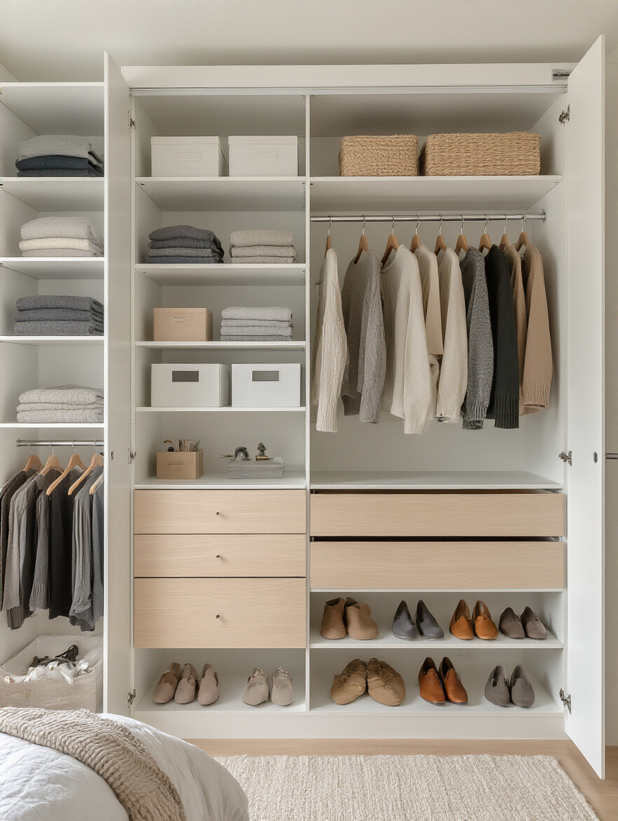 Tall, organized closet interior with modular shelving and hanging rails