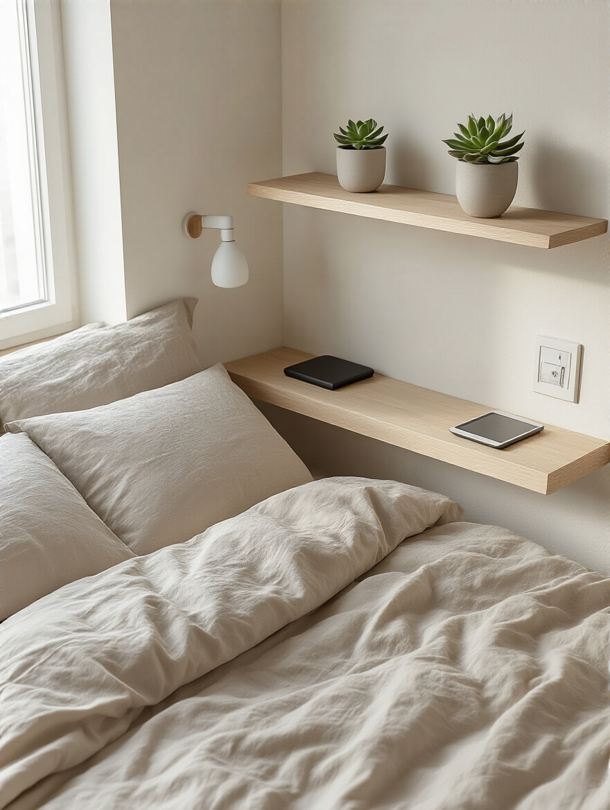 A modern bedroom corner featuring a sleek white floating shelf as a nightstand alternative, with a minimalist plant and e-reader on it, creating an open and decluttered small bedroom.