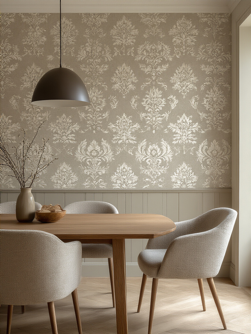 Portrait view of a dining room wall featuring durable wallpaper materials with subtle texture
