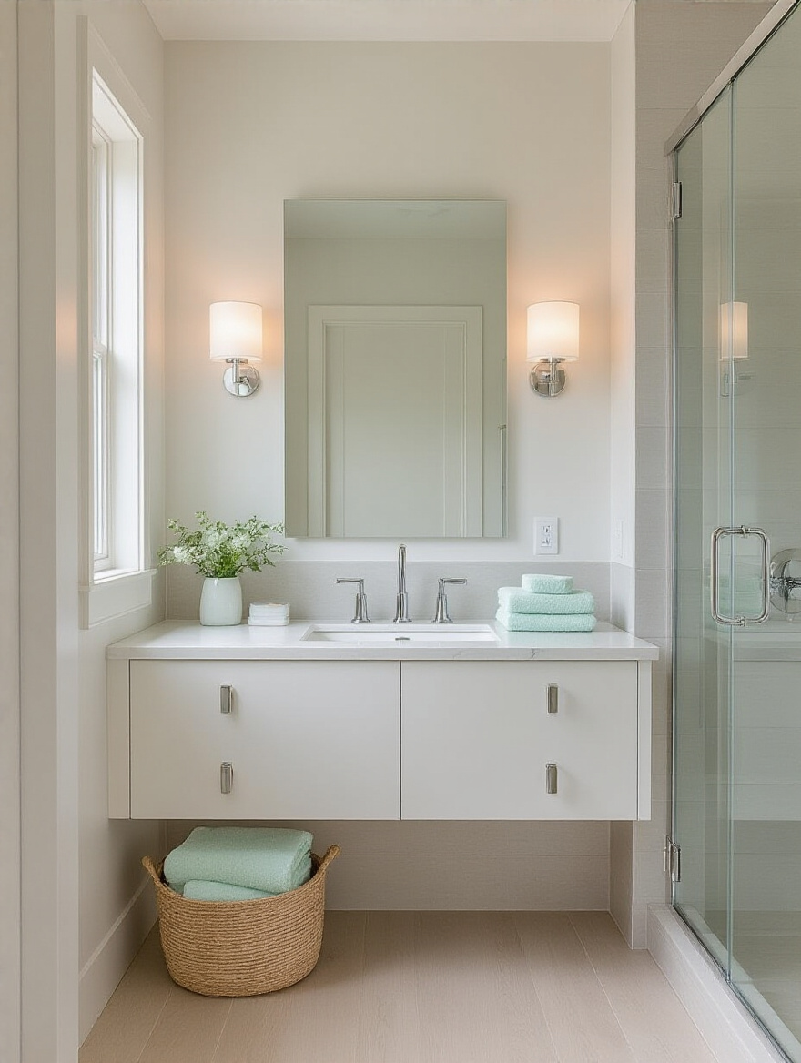Portrait view of a small bathroom with a cohesive light color palette, airy and expansive.