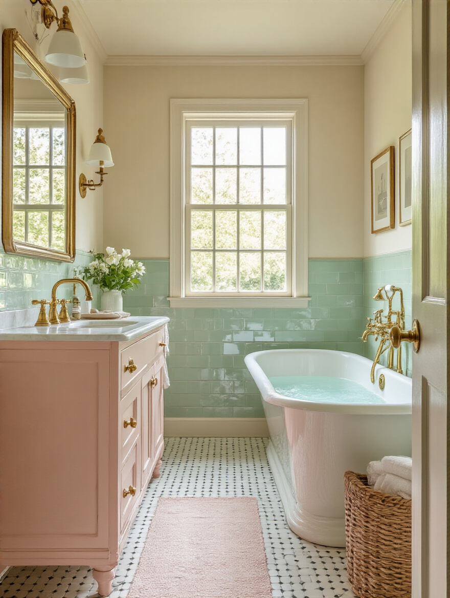 Vintage-inspired bathroom with pastel tones and Art Deco accents