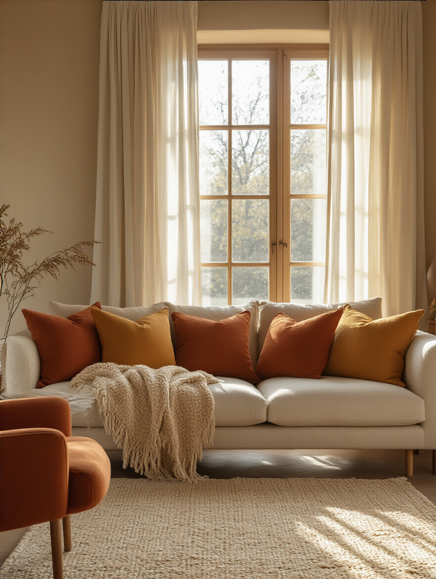 Cozy living room with warm walls and textiles