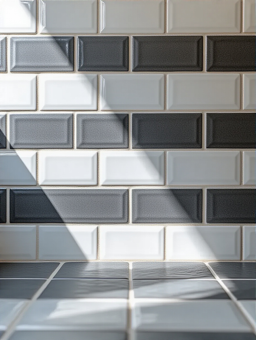 Bathroom wall with white subway tiles, showing sections with contrasting dark gray grout defining the pattern and subtle light gray grout blending in, demonstrating different aesthetic effects.