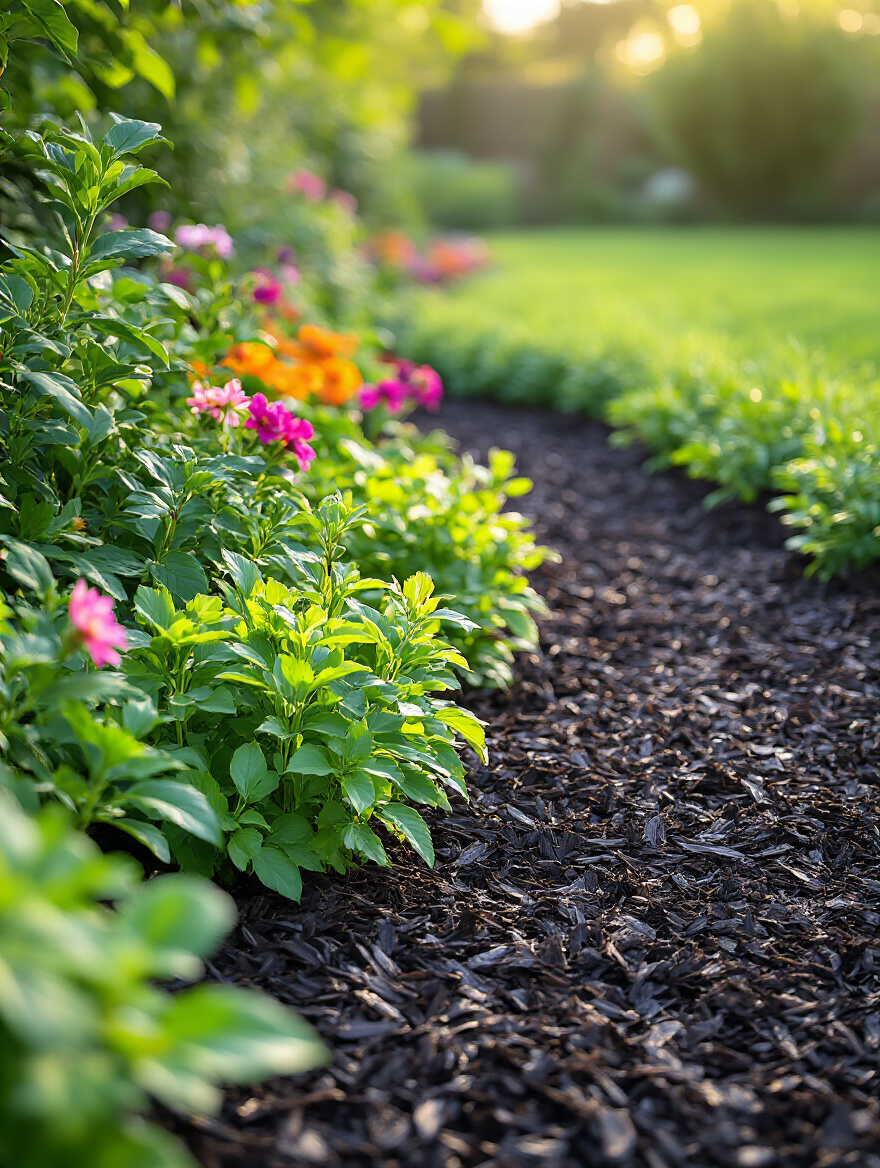 Close-up portrait of a vibrant garden bed with a fresh, dark shredded hardwood mulch layer, showcasing neat edging, healthy green plants, and colorful flowers, emphasizing soil moisture retention and aesthetic appeal.