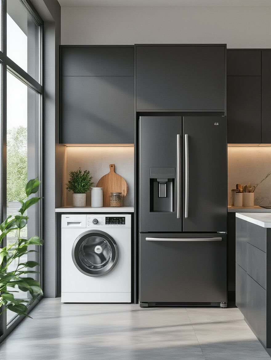 Portrait view of wrapped appliances in a modern kitchen