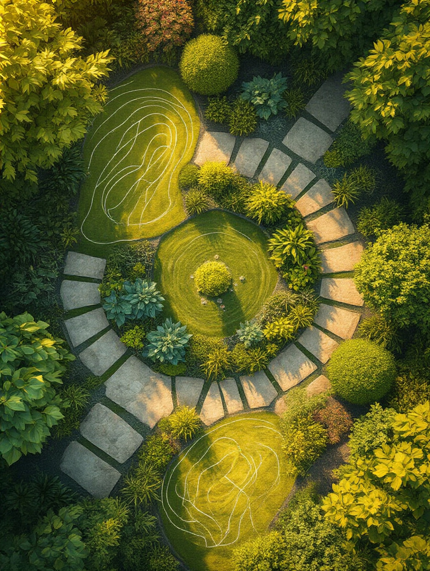 Aerial view of a landscaped backyard with stylized overlays showing sun exposure patterns and contour lines, representing thorough site analysis for optimal plant placement.