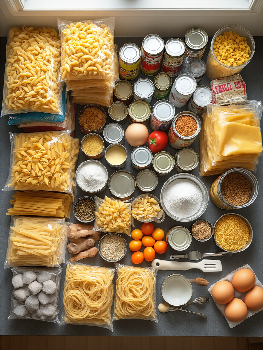 Overhead view of a kitchen counter completely covered with a variety of unsorted kitchen items including dry goods, canned foods, spices, and utensils, demonstrating the initial stage of a kitchen inventory.