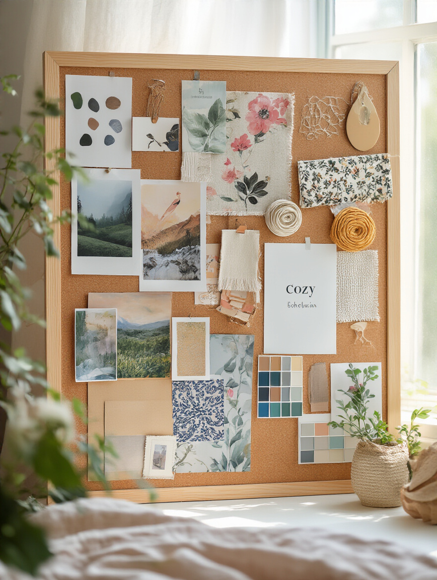 A colorful vision board in progress for a teen bedroom, featuring magazine cutouts, fabric swatches, paint chips, and small art pieces on a corkboard, bathed in natural light.