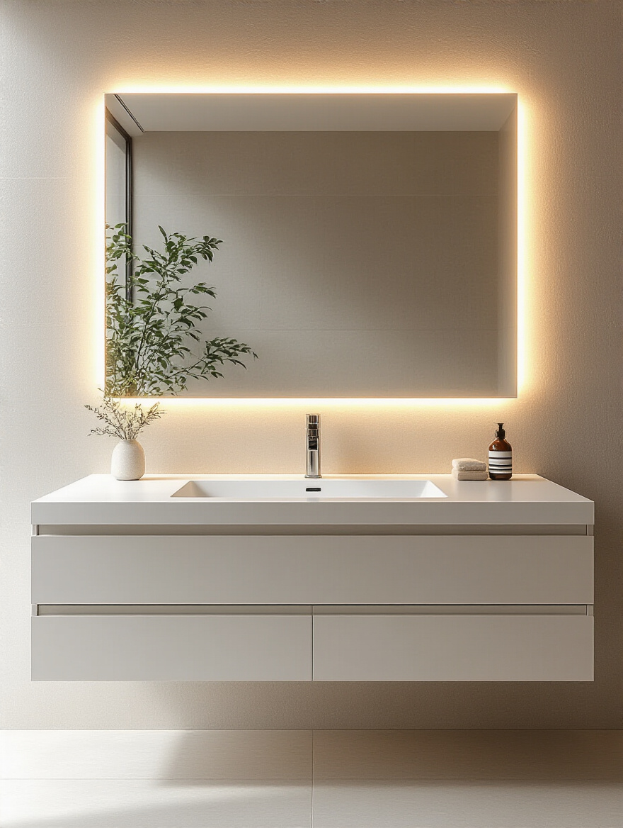 A modern bathroom vanity featuring a large, frameless mirror with seamless, integrated LED backlighting, creating a clean and illuminated aesthetic. A sleek, chrome faucet sits on a light-colored, uncluttered countertop.