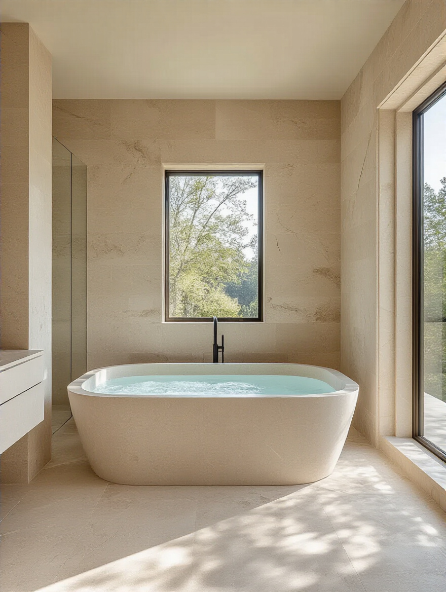 Luxurious master bathroom with honed limestone tiles on walls and floors, showcasing unique natural stone texture and subtle veining around a freestanding bathtub.