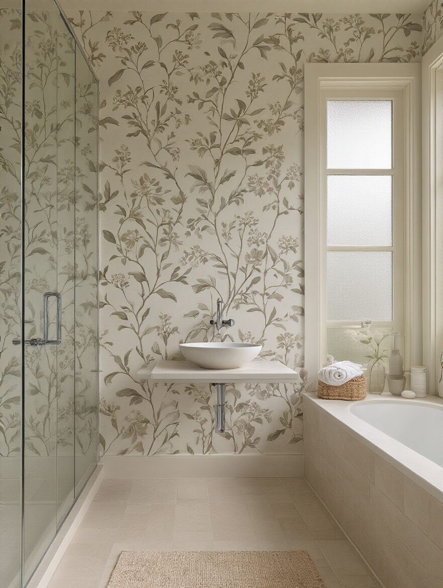 Portrait-style bathroom with wallpaper, soft lighting, no people