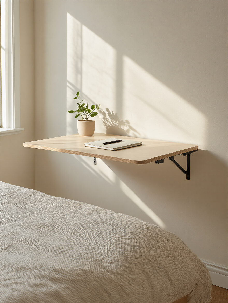 Compact bedroom corner with a wall-mounted folding desk opened and neatly organized, soft daylight