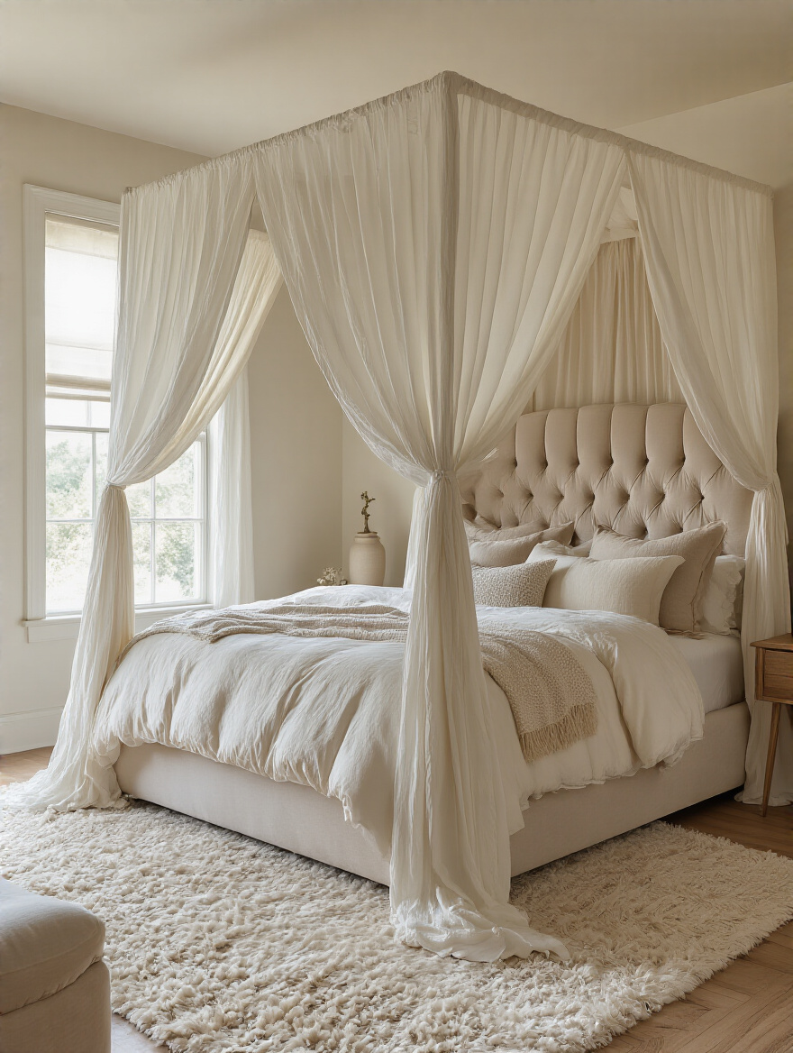 Cozy canopy bed with sheer drapes and upholstered headboard in a warm, tranquil bedroom