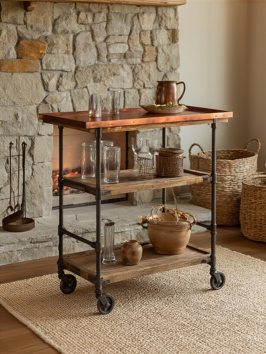 Portrait of a rustic bar cart crafted from reclaimed materials in a cozy living room