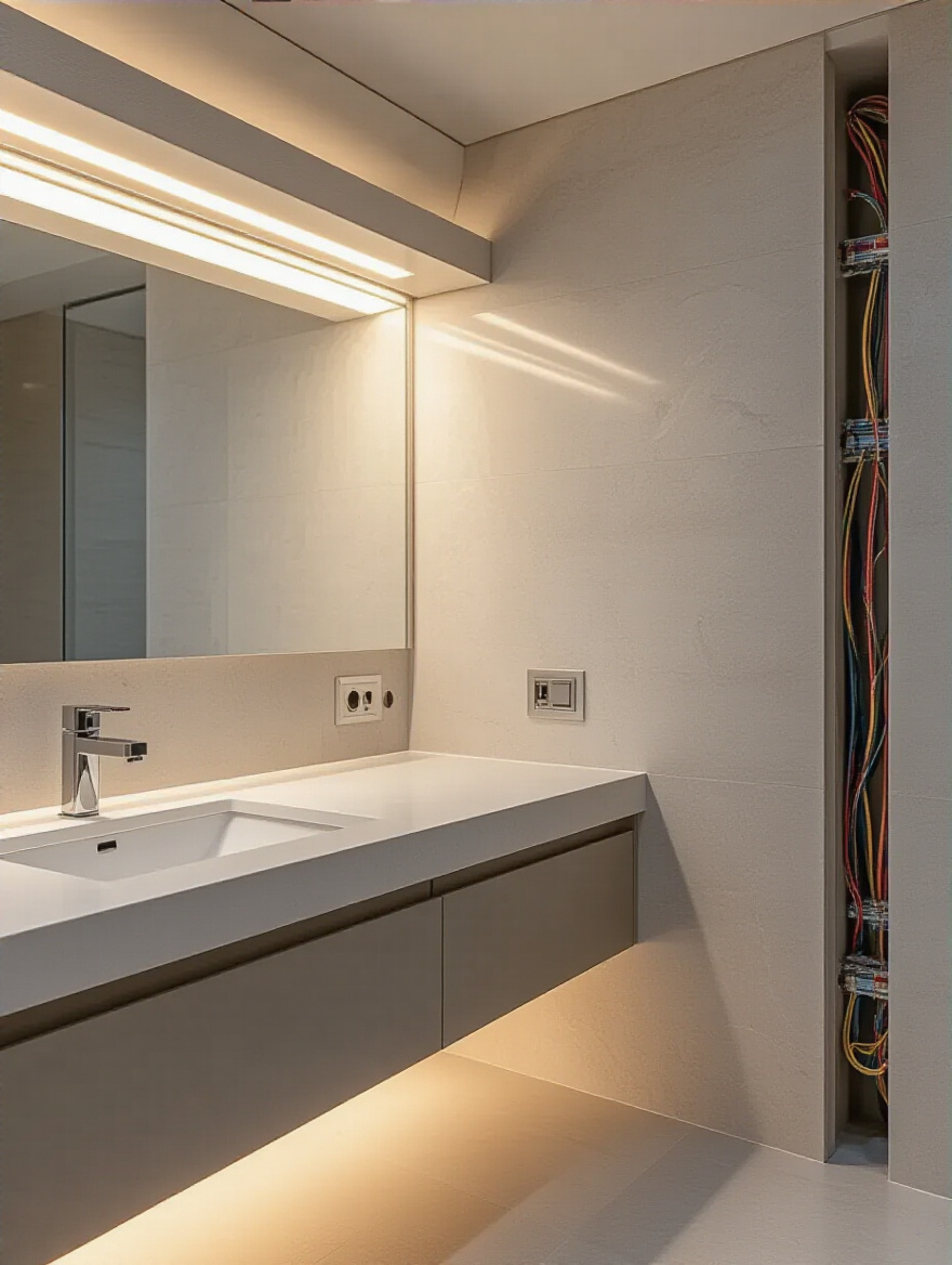 Close-up of a professionally installed, code-compliant electrical wiring system in a modern bathroom vanity wall, highlighting safety and proper electrical installation practices for lighting.