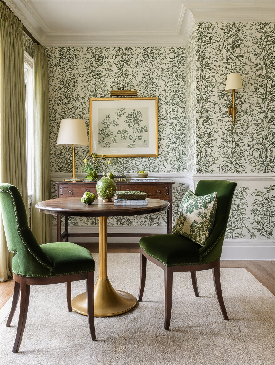 Cohesive dining room with wallpaper coordination of furniture and fabrics