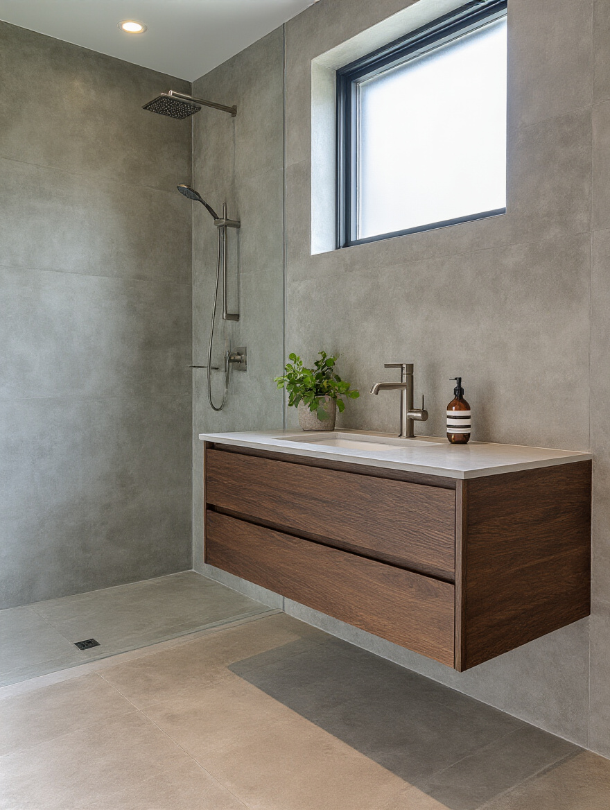 A contemporary bathroom showcases polished concrete-look porcelain tiles with a dark wood floating vanity and brushed nickel fixtures, demonstrating perfect bathroom tile coordination.