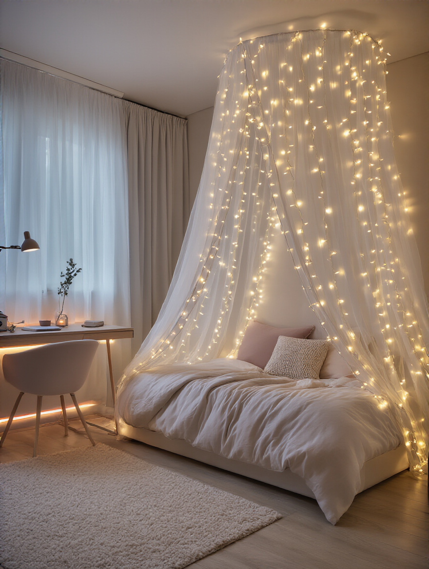 A teen girl's bedroom with warm fairy lights strung around a bed canopy and RGB LED strips lighting a desk shelf, creating a cozy and inviting ambiance.