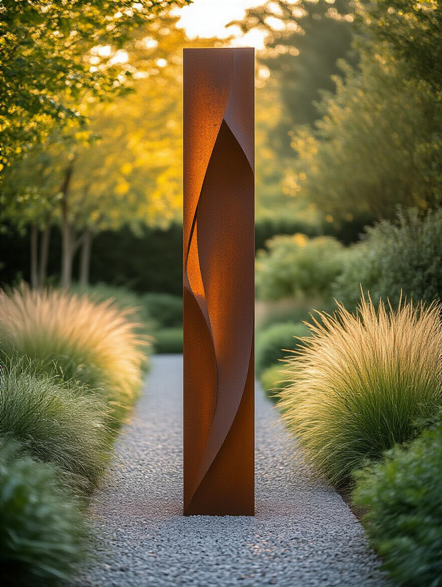 A modern corten steel abstract sculpture acting as a striking garden focal point, surrounded by ornamental grasses.