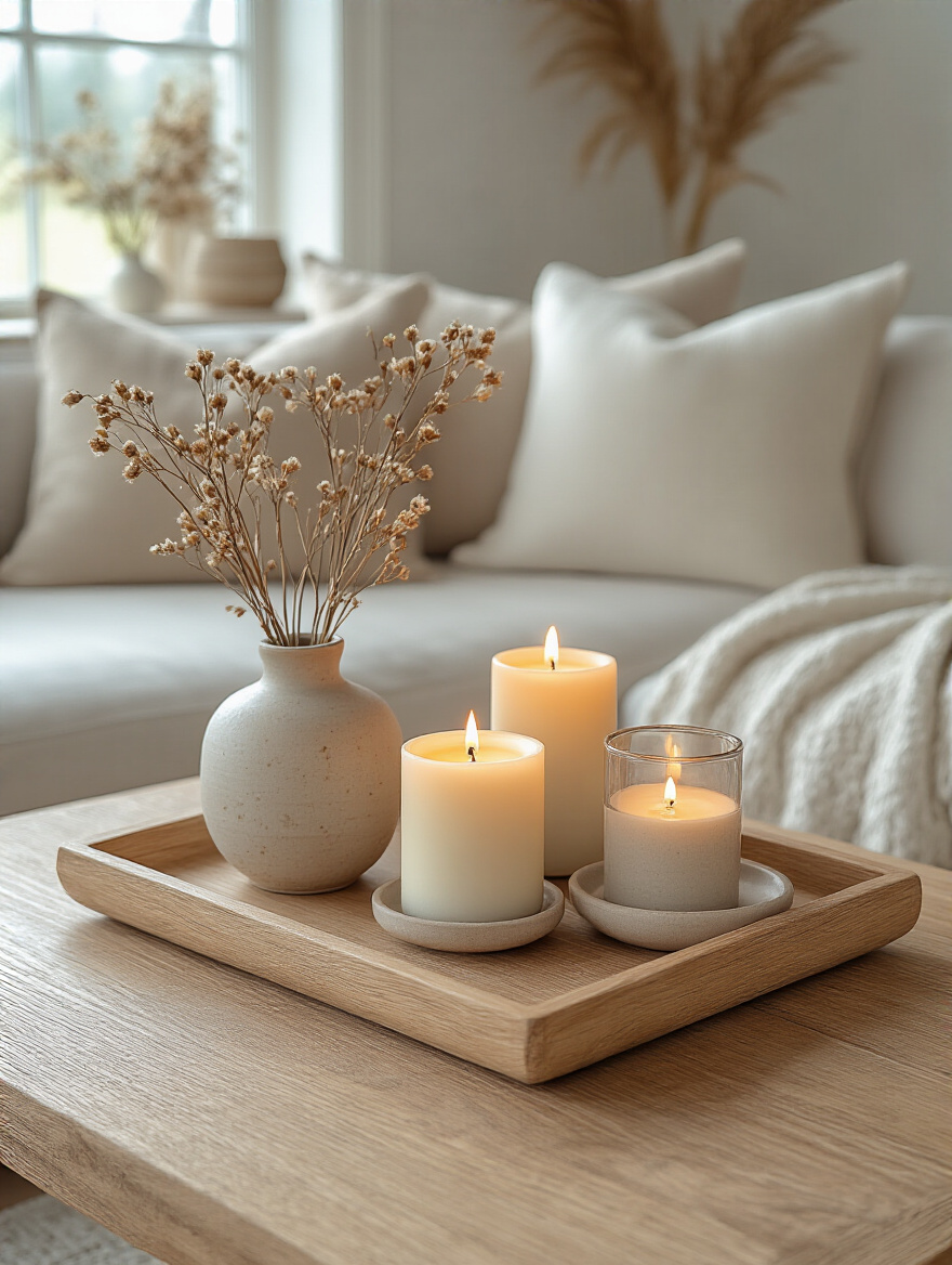 Hygge-inspired candle vignette on a coffee table with warm lighting