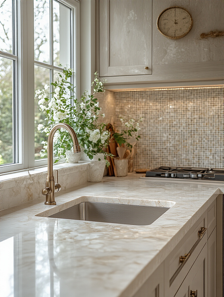 Seamless white quartz countertop and marble mosaic backsplash pairing in a modern kitchen, illustrating visual continuity.