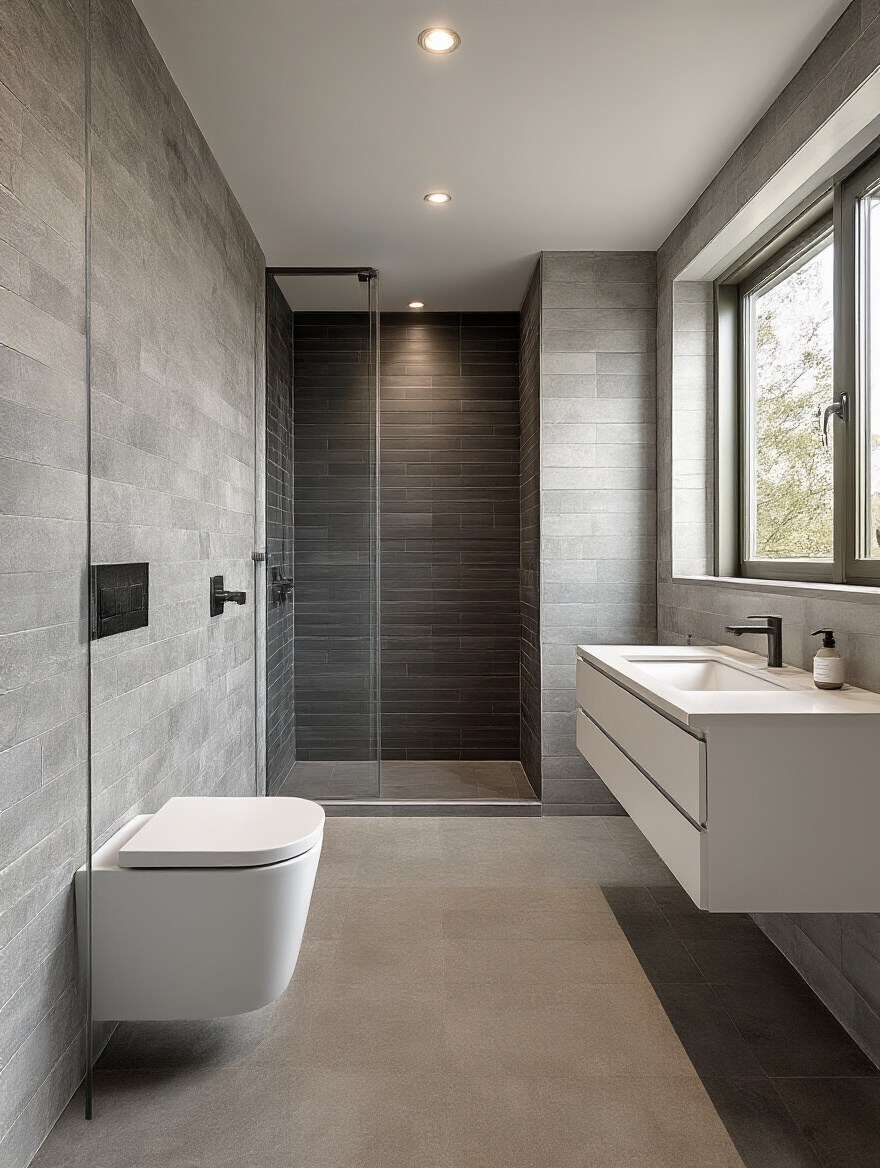 Luxurious bathroom shower feature wall with shimmering iridescent mosaic tiles contrasting with matte porcelain tiles, showcasing a modern bathroom tile design.