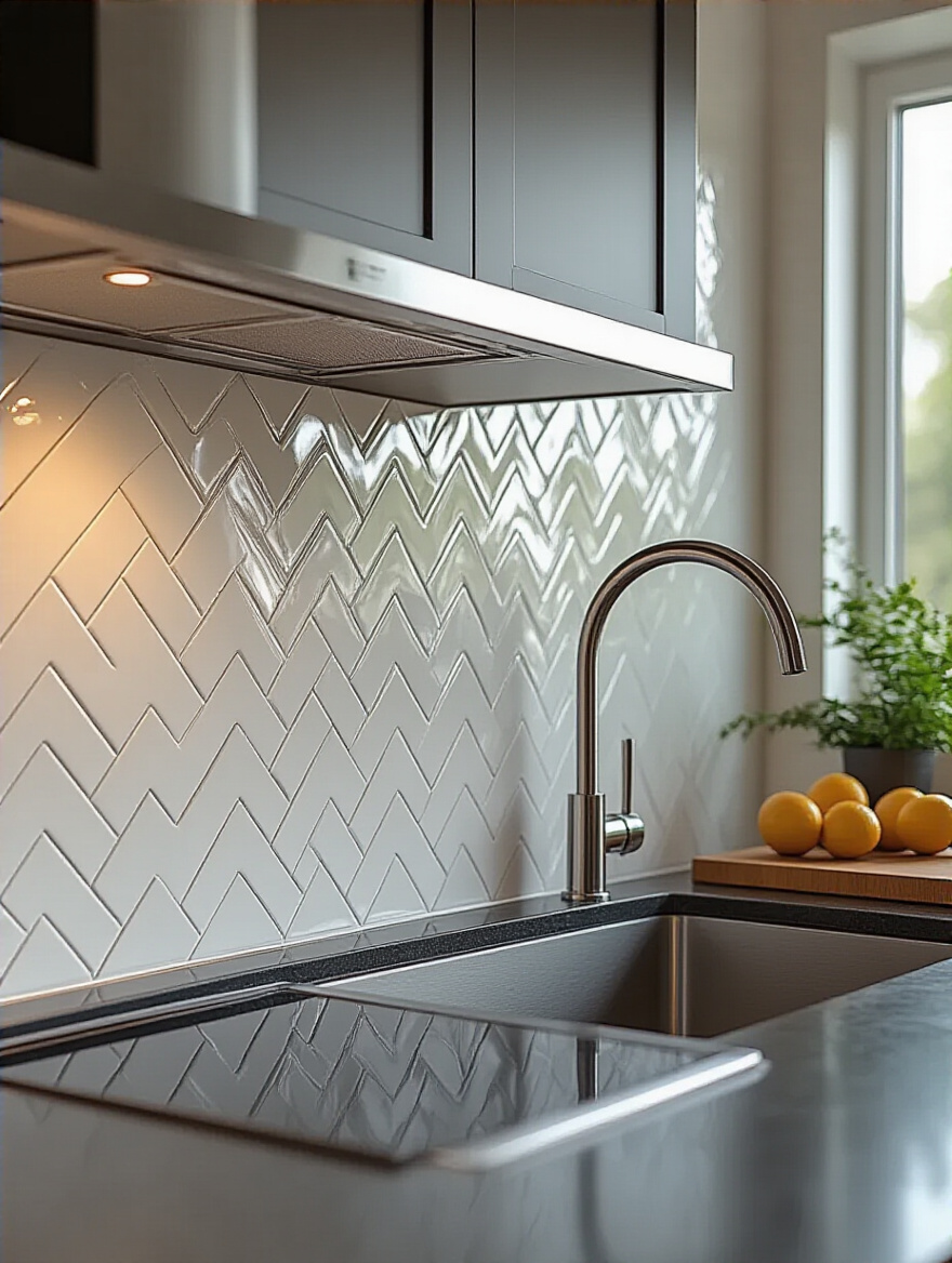 Close-up of a kitchen backsplash featuring elegant white subway tiles laid in a herringbone pattern, adding sophisticated visual interest and texture to the culinary space.