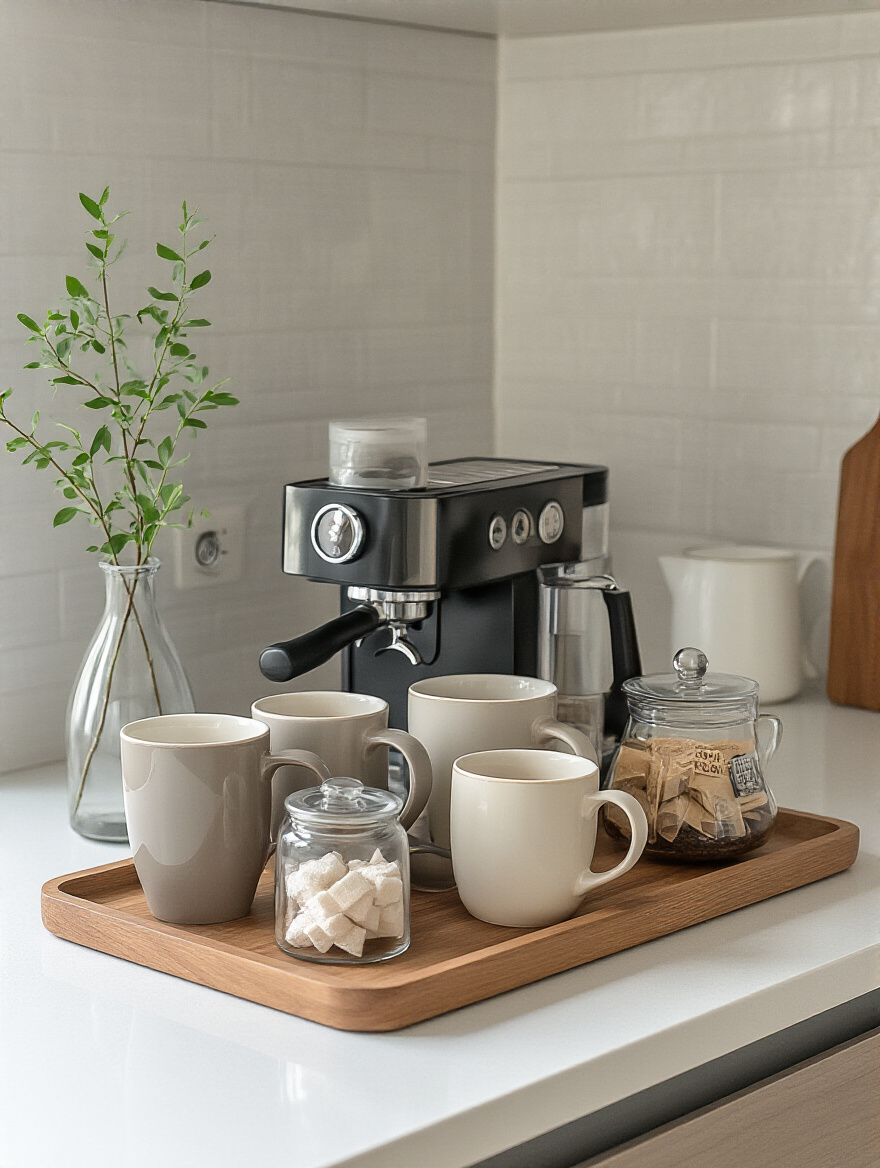 A neatly organized kitchen countertop coffee and tea station with a coffee machine, mugs, elegant trays, and glass dispensers, promoting smart kitchen storage and decluttering.