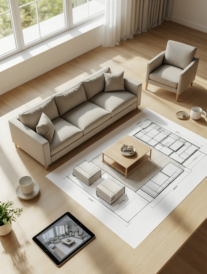 Overhead shot of a living room floor plan on paper with furniture cutouts and a tablet showing a 3D digital plan, for layout visualization.