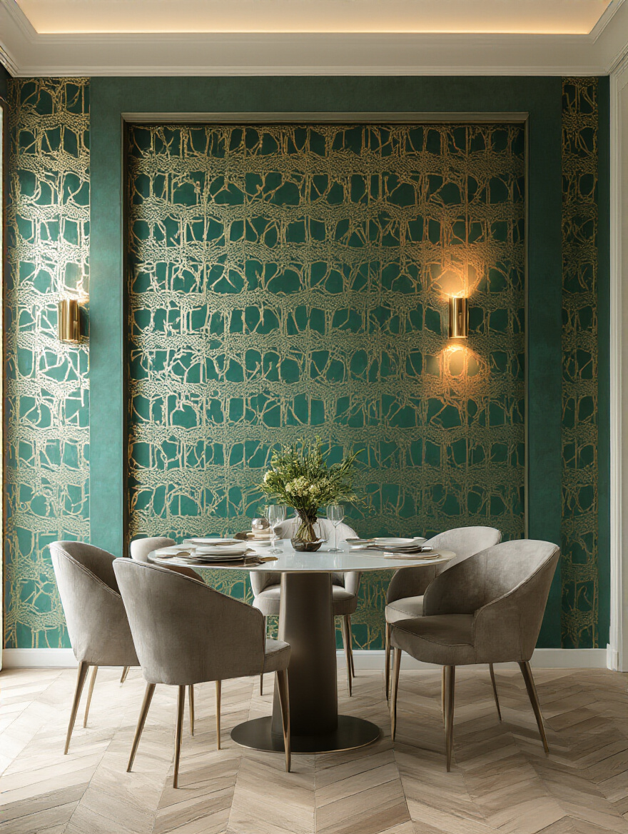 Dramatic dining room with bold wallpaper accent wall behind table