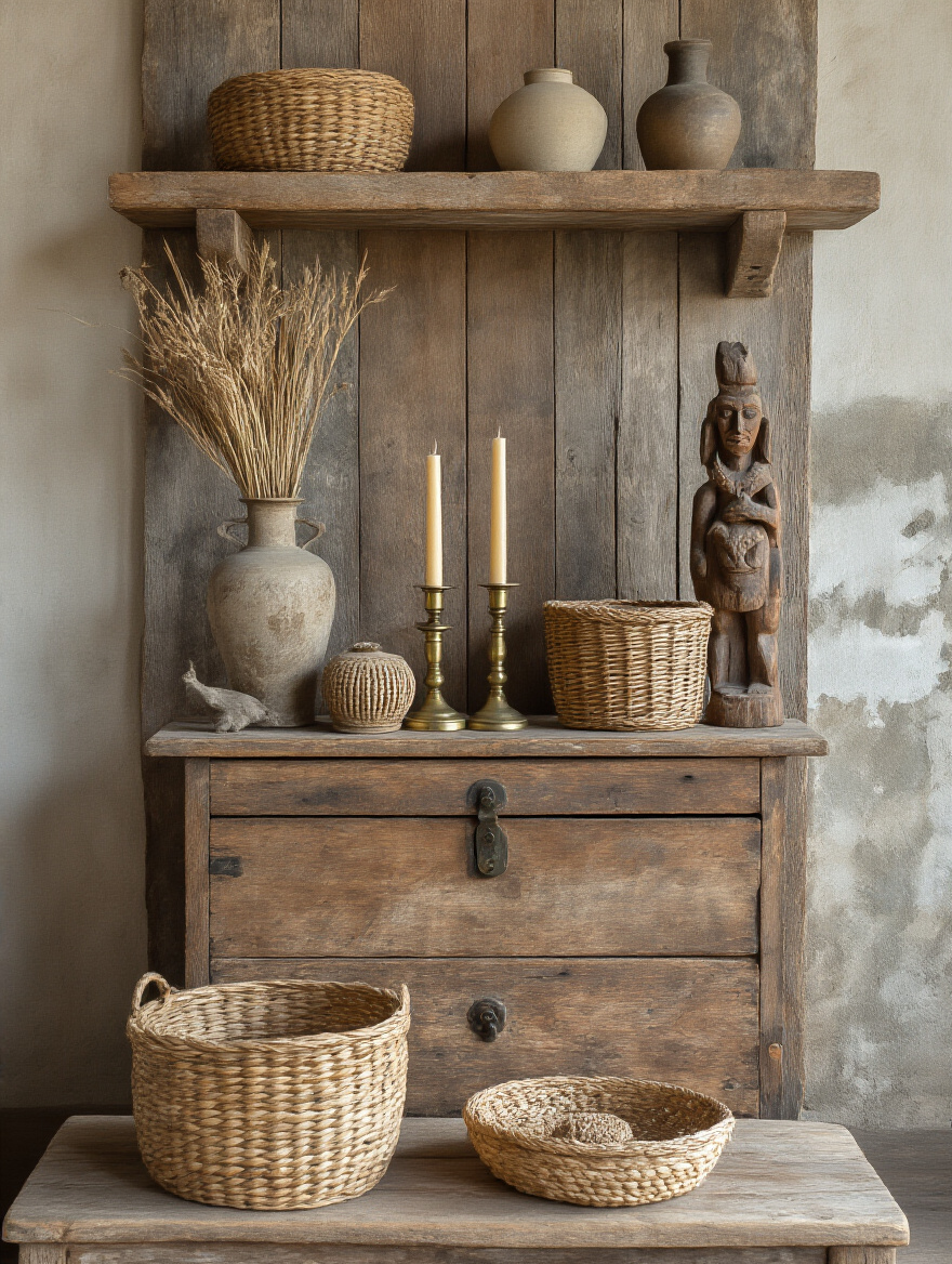 Curated rustic display of found objects, antiques, and hand-carved items