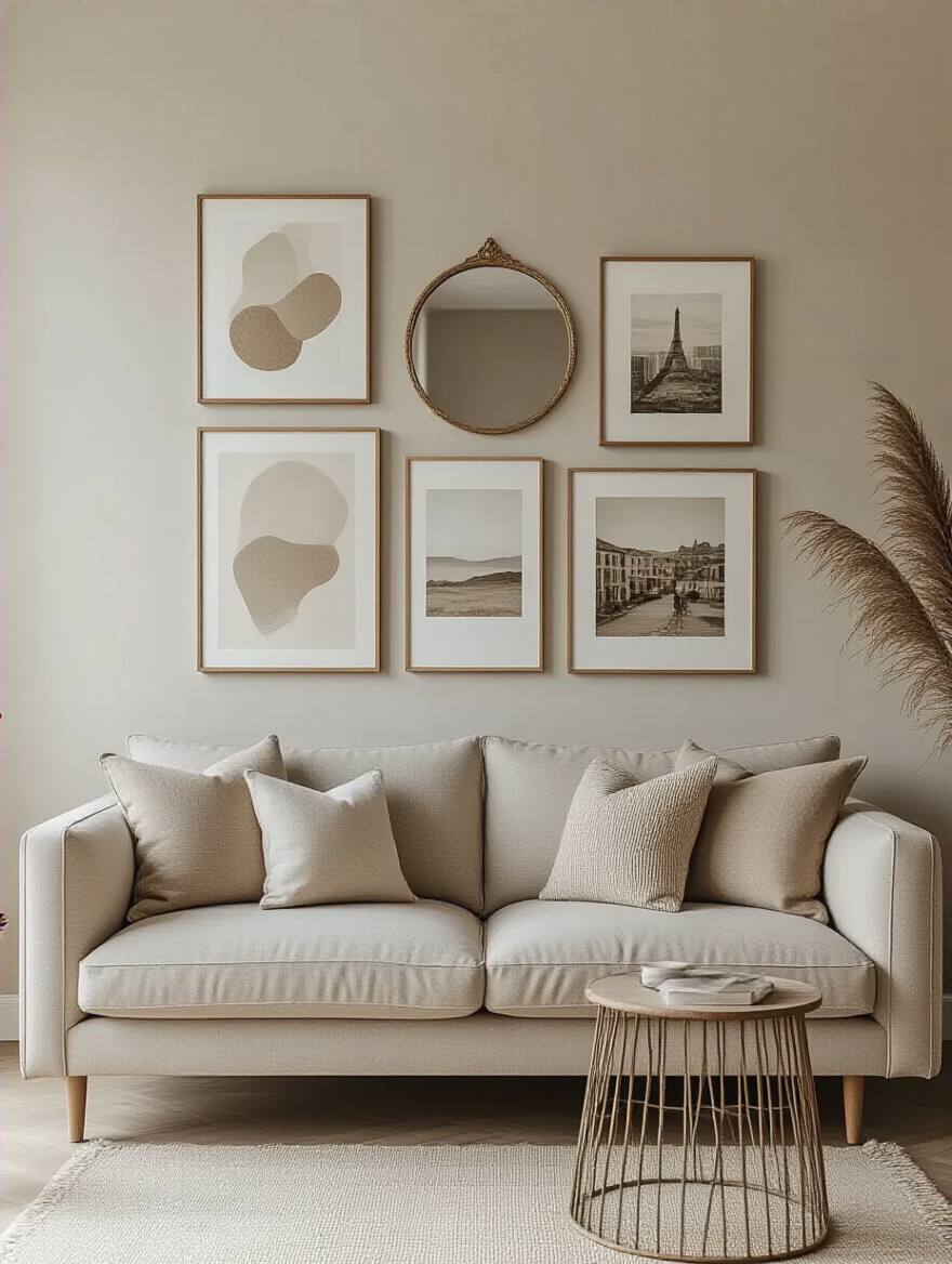 An elegant apartment living room with a gallery wall featuring personal travel photographs, abstract art, and a decorative mirror above a modern sofa. Neutral colors, inviting atmosphere, sophisticated apartment wall decor.