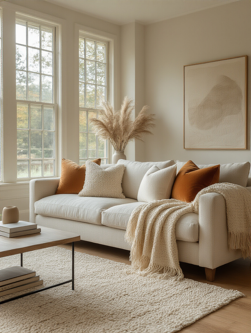 Cozy living room textiles with layered pillows and blankets on a sofa