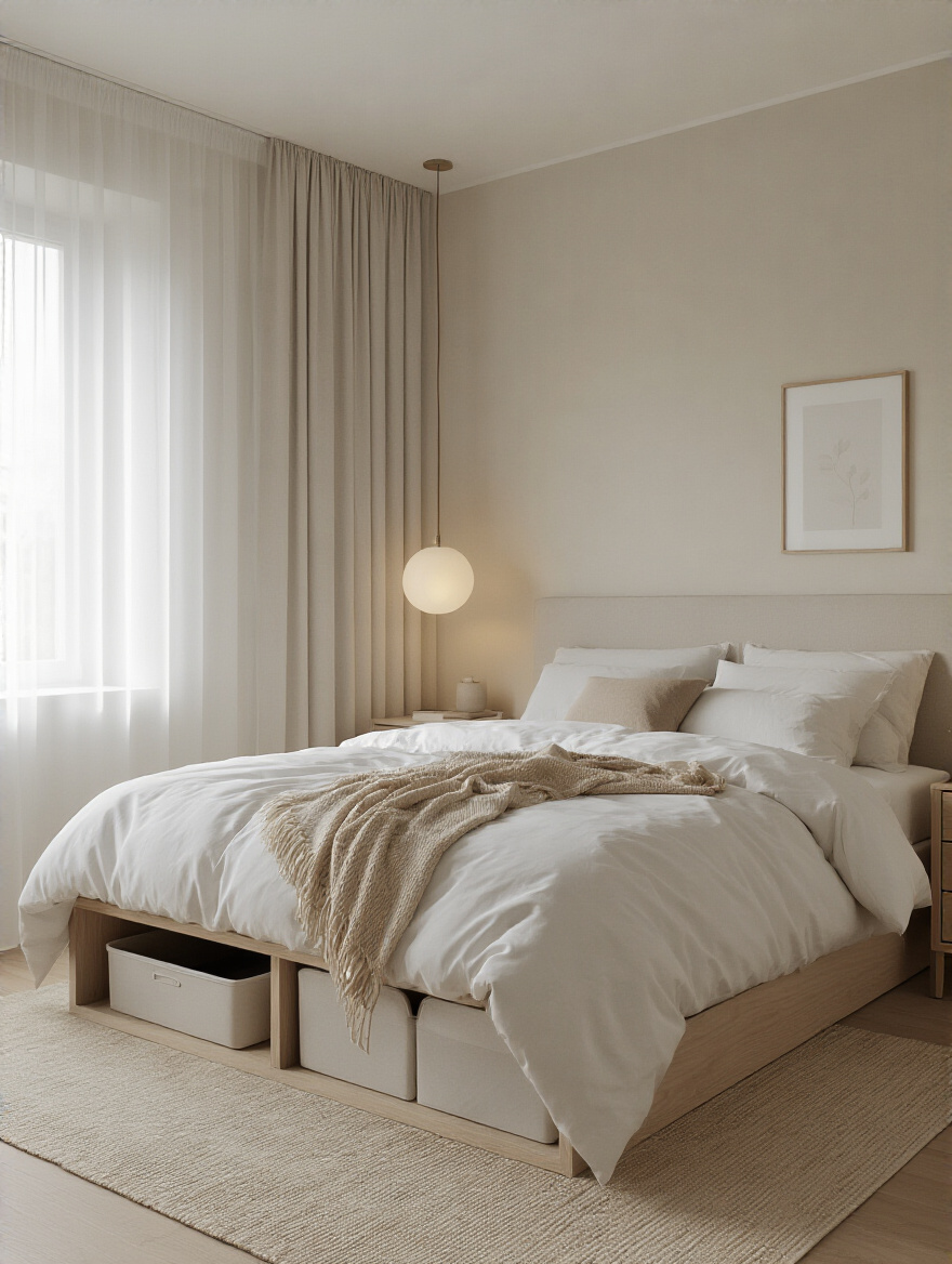 Serene clutter-free bedroom portrait in neutral tones