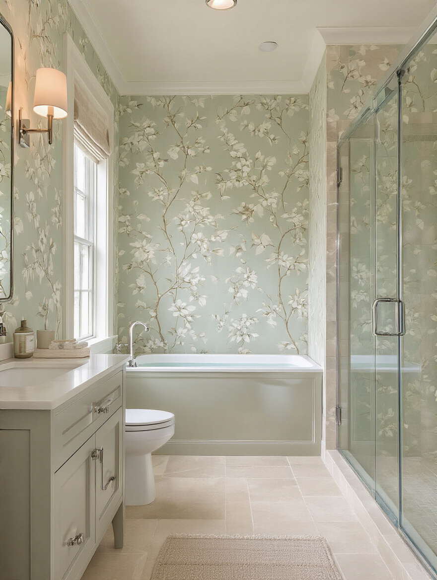 Portrait of a spa-inspired bathroom with cohesive wallpaper mood
